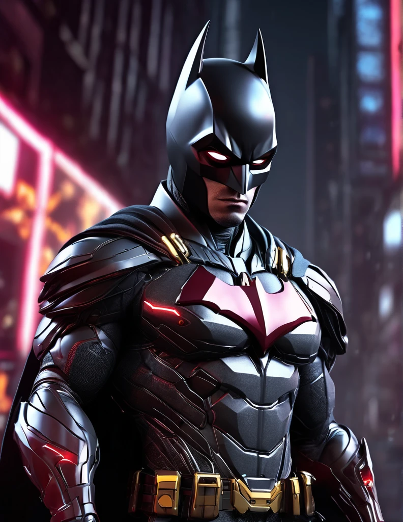 An experimental fusion of cyberpunk IronBatman, a detailed photorealistic new breed of superhero, insanely detailed and intricate figure and high-tech costume, dark cement grey and dark red dual tone colored, dark toned, night metro gotham background, volumetric lighting, unreal engine 5, with some neon lights