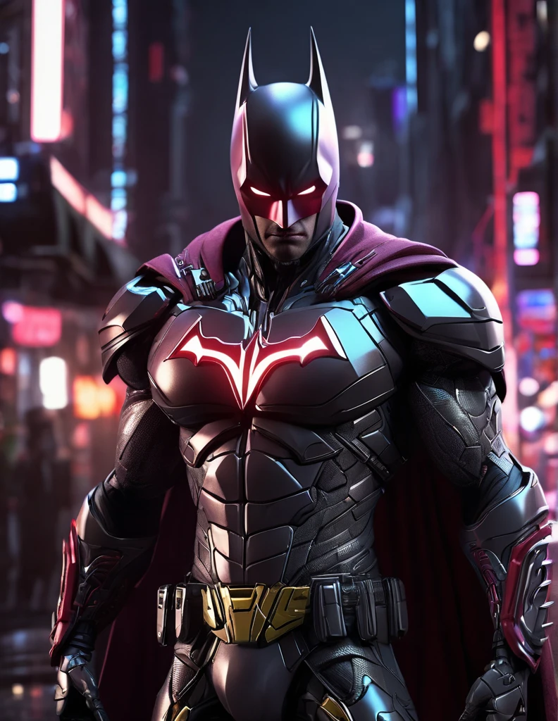 An experimental fusion of cyberpunk IronBatman, a detailed photorealistic new breed of superhero, insanely detailed and intricate figure and high-tech costume, dark cement grey and dark red dual tone colored, dark toned, night metro gotham background, volumetric lighting, unreal engine 5, with some neon lights