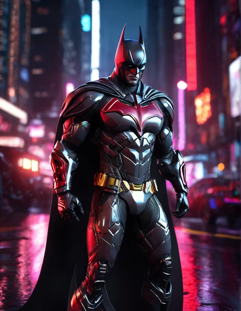 An experimental fusion of cyberpunk IronBatman, a detailed photorealistic new breed of superhero, insanely detailed and intricate figure and high-tech costume, dark cement grey and dark red dual tone colored, dark toned, night metro gotham background, volumetric lighting, unreal engine 5, with some neon lights