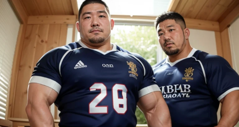 kissing, inside bed room, facing each other, (rugby uniform:1.2), Japanese man, Chinese man, Korean man, Taiwanese man, manly face, round face, monolid eyes, (buzz cut:1.0), very large and strong body, bulging muscles, very large pectoral muscles, muscular arms, muscular abs, muscular legs, muscular back, brightens oily skin, master piece, realistic, panorama, distant view