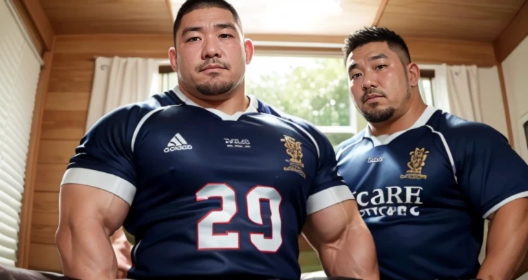 kissing, inside bed room, facing each other, (rugby uniform:1.2), Japanese man, Chinese man, Korean man, Taiwanese man, manly face, round face, monolid eyes, (buzz cut:1.0), very large and strong body, bulging muscles, very large pectoral muscles, muscular arms, muscular abs, muscular legs, muscular back, brightens oily skin, master piece, realistic, panorama, distant view