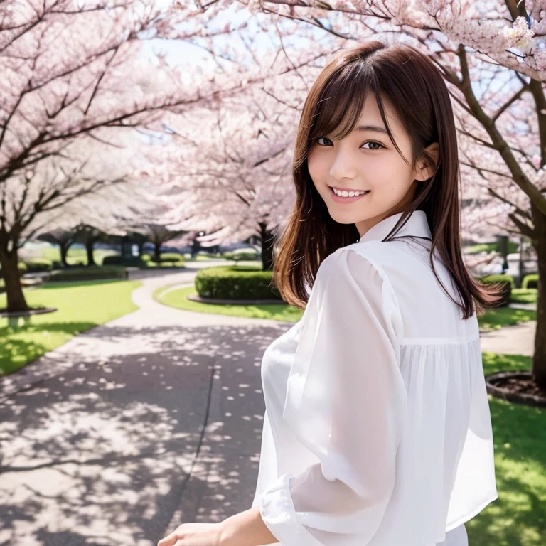 The eyes of a beautiful Japanese age girl wearing a white blouse, the uniform for girls assigned by her Japanese high school, look back at me through the cherry blossoms in full bloom and smile. Focal length 100mmf/2.8, spring daytime, slightly cloudy, cherry blossoms and lawns in full bloom in a park, well-shaped features, short hair, a great smile, a toned body, a white blouse that is the school girl's  specified by a Japanese high school, eyes Maximum close-up, realism, 8K image quality, highest quality.