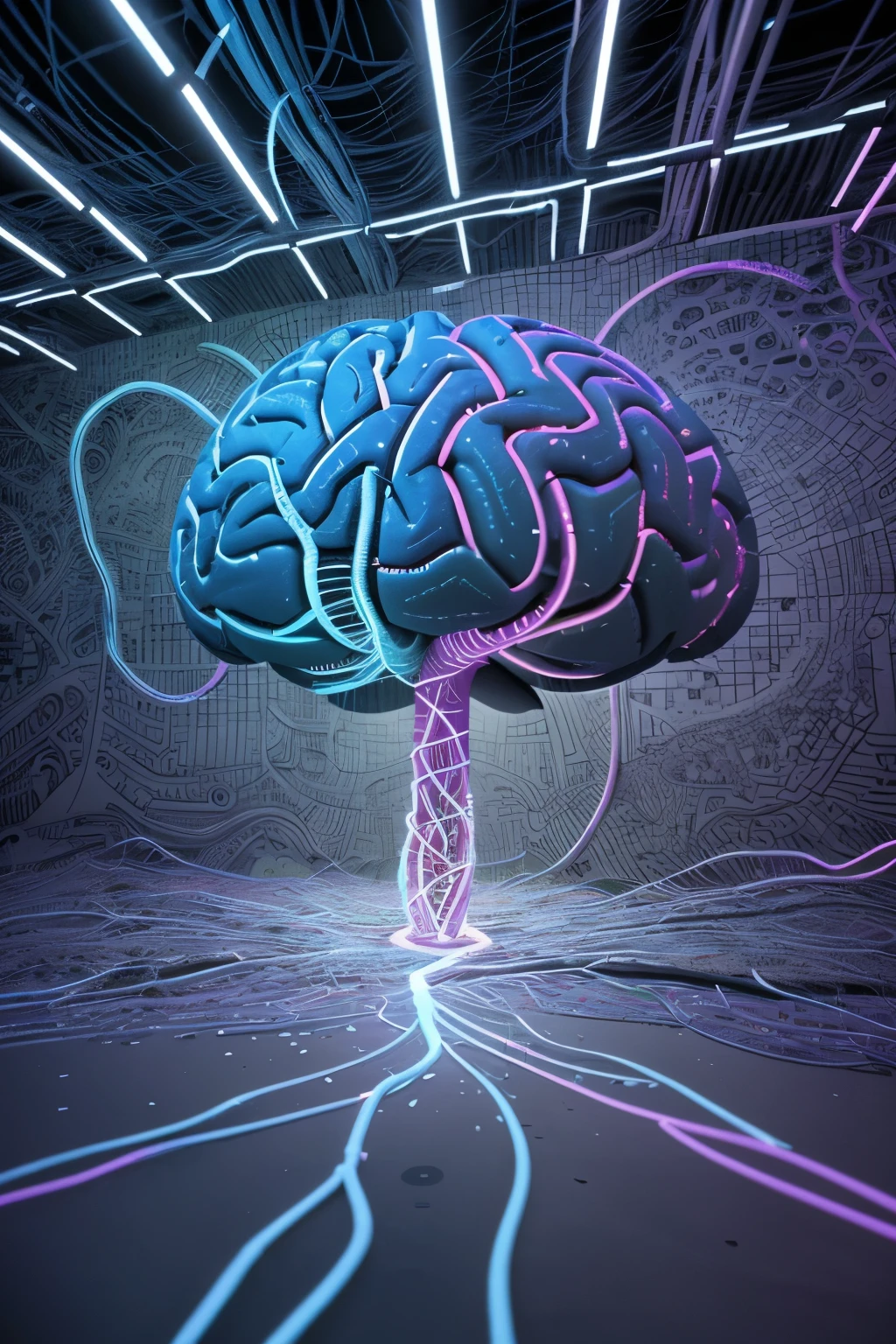 3d brain, abstract, made of neon pathways representing neural paths, all one   color, floating, different color
