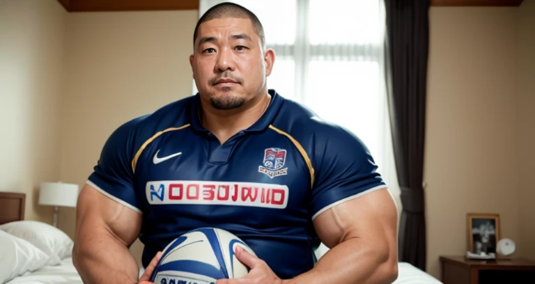 kissing, inside bed room, facing each other, (rugby uniform:1.2), Japanese man, Chinese man, Korean man, Taiwanese man, manly face, round face, monolid eyes, (buzz cut:1.0), very large and strong body, bulging muscles, very large pectoral muscles, muscular arms, muscular abs, muscular legs, muscular back, brightens oily skin, master piece, realistic, panorama, distant view