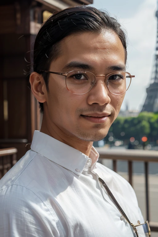 (8K, RAW photo, photorealistic:1.25), Close up shot, of a 25 year old, Indonesian young man, fit body trapezoid, white skin, oval shape, slick back hairstyle, wearing clear rectangle browline glasses, the man wearing a red luxurious Moslem shirt with excellent Complicated pattern, wearing a name tag that says "Gunawan", eye to camera, smiling face, in Front the Eiffel Tower, Eiffel Tower the background, realistic, hyperrealistic, photography, focus photo, deep focus, very detailed, Lifestyle photography, centered symmetrical composition, medium shot, eye level, high key lighting, bokeh effect, shot at eye level, on a Fujifilm X-T4 with a 50mm lens, in the style of Alfred Stieglitz