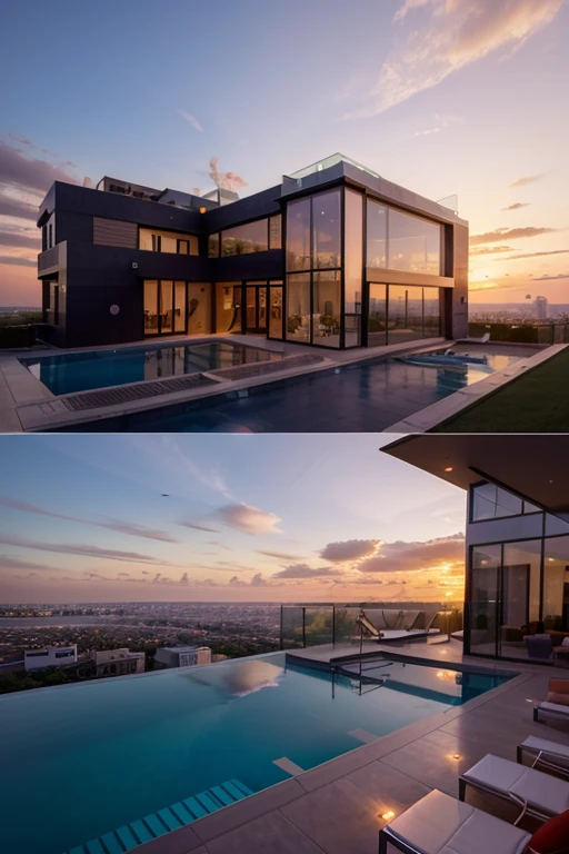 Show me the most fanciest, most high tech and expensive house ever, with a city view on the roof top, sunset over the horizon, big red swimming pool, three story building, glass walls, high tech, better that Elon Mask production, full scale