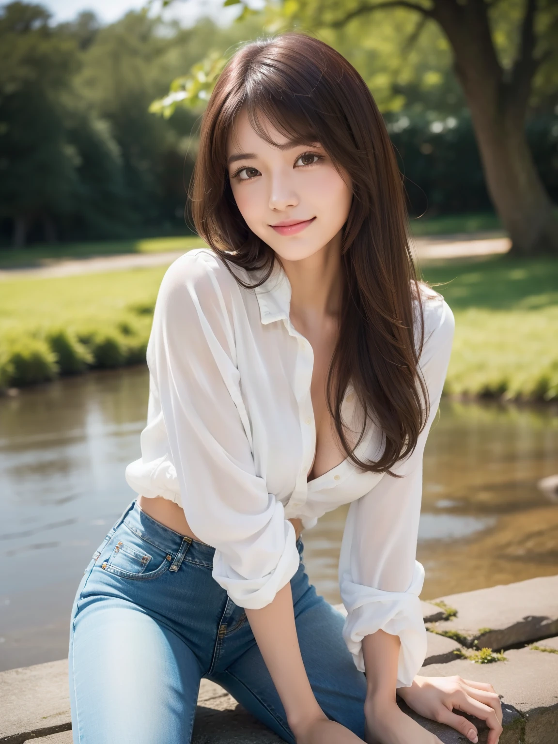 (8k raw photo, best quality), ((muste piece)), ultra high resolution,, film,( 20-year-old, slender face, 1 girl, long eyelashes, eye highlights), natural skin texture, perfectly proportioned face,((white shirt、denim pants、spring landscape、date、model pose)),  (Small breasts), permed hair, Fluffy short hair, messy hair,（shy smile、embarrassed look）, close your mouth, beautiful legs, make your legs thinner, solo, (detailed background),  blurred background, brown hair, Depth of the bounds written