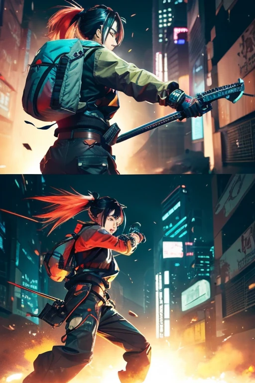 Momotaro in an anime style illustration:
Average height and slim build
Short black hair
Sharp eyes, always giving off a calm and focused impression
Dressed in cyberpunk-style jacket and pants with functional gear
Additional details:
The illustration should be in the style of modern anime, with bright colors and detailed character designs.
Momotaro's facial expression should be serious and determined, reflecting his focus on his mission.
The cyberpunk clothing and gear should be sleek and futuristic, with a focus on functionality.
The overall tone of the illustration should be heroic and action-packed, capturing the spirit of the original Momotaro story.
Possible poses:
Momotaro standing confidently, holding a sword or other weapon.
Momotaro running towards the enemy, ready to attack.
Momotaro surrounded by his animal companions, preparing for battle.
Background:
The background could be a futuristic cityscape or a dangerous wilderness, depending on the tone of the illustration.
The background should be detailed and visually interesting, complementing the main character.
Color scheme:
The color scheme should be bright and vibrant, using a mix of primary and secondary colors.
The colors should be used to create a sense of excitement and dynamism.
Overall, the illustration should be a visually appealing and faithful representation of Momotaro in an anime style.
