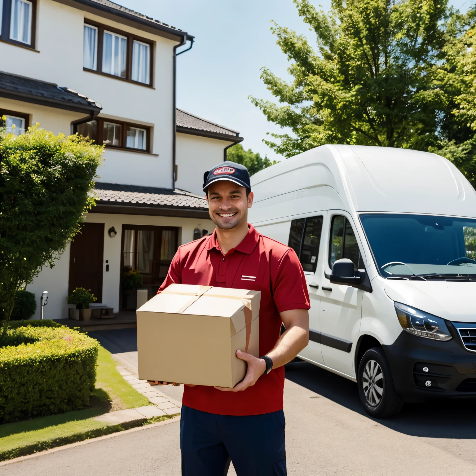 german delivery man, smiling, giving parcel, suburban, sunny weather