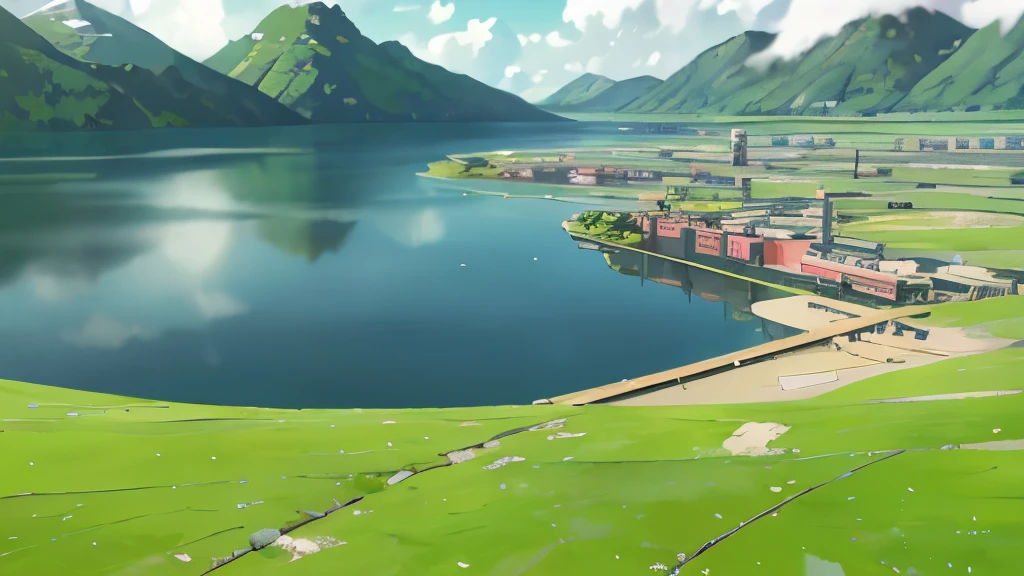 industry,dam,armored concrete,Huge waters,Blue lake water,The surrounding hills,rock,Silent Landscape,Electricity Power Plant,Towering towers,clear sky,White clouds,Daily Scenery,sunshine,Refracted rays,birds,Sparse vegetation,Desolation,Engineering miracle,Magnificent。