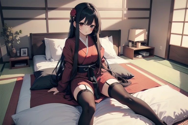 1girl, anime, black eyes, long black hair with square bangs, very long black hair, super long black hair, skirt and stockings, (((stockings))), heels, black Japanese style kimono mixed with ribbed black sweater with red accents and sakura floral design, ((ribbed black sweater)) adult, (Japanese shoji panel walls and tatami flooring indoors), kimono sleeves, garter, graceful, (sitting on bed), POV view, 1st person view, close, POV, pillow, (bed), (((futon)))