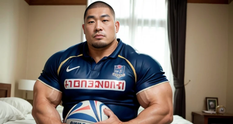 kissing, inside bed room, facing each other, (rugby uniform:1.2), Japanese man, Chinese man, Korean man, Taiwanese man, manly face, round face, monolid eyes, (buzz cut:1.0), very large and strong body, bulging muscles, very large pectoral muscles, muscular arms, muscular abs, muscular legs, muscular back, brightens oily skin, master piece, realistic, panorama, distant view