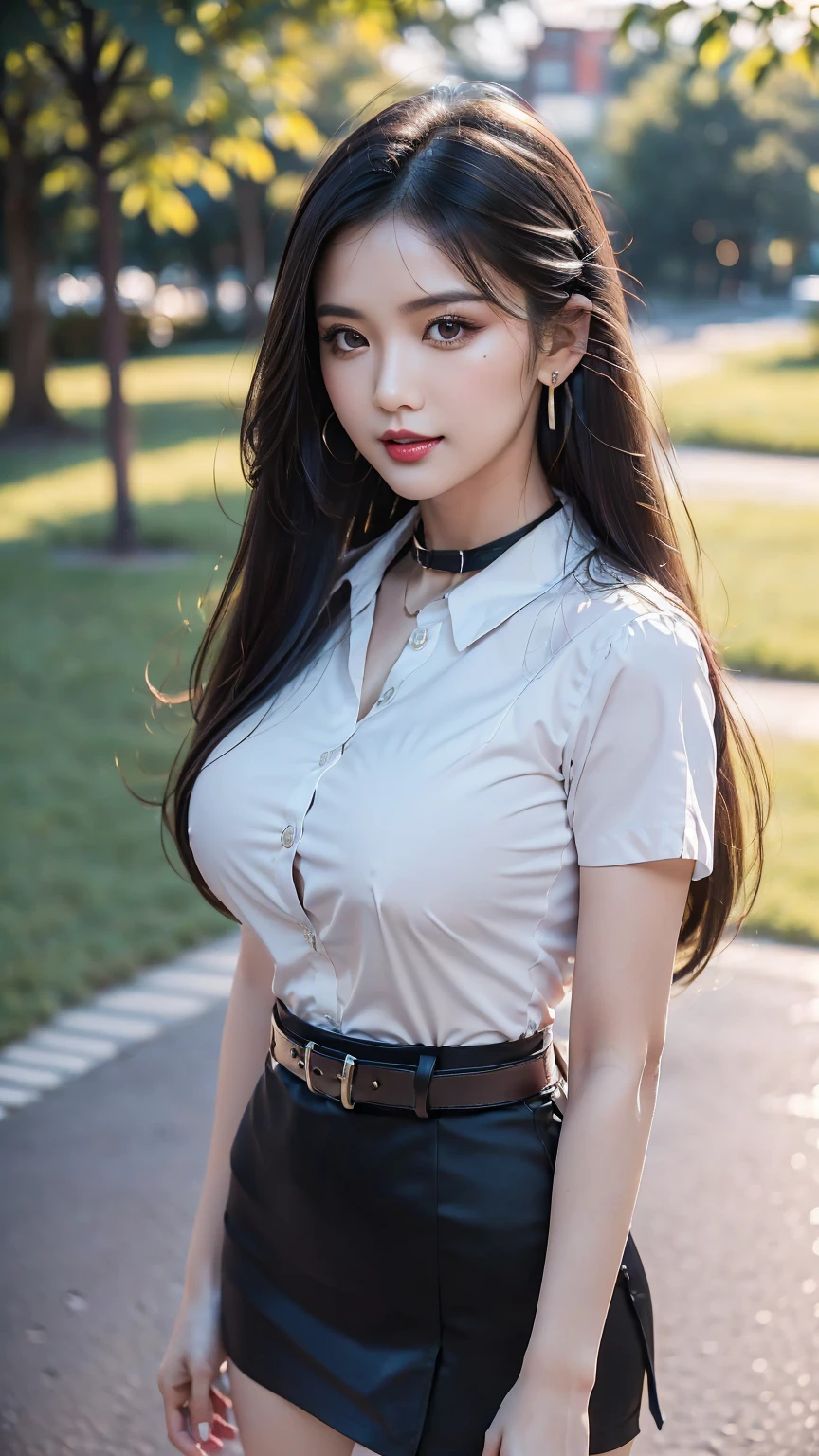 highest resolution, 8k, high definition, (((my hair is very long., my hair is very long., my hair is very long., Extra long, Knee-length hair))), Thai students, Half Thai, half Japanese, Half Korean., Height 173 centimeters, (((stand, walk))), Beautiful face, แต่งBeautiful face, Double eyelids, red lips, smile at the corner of the mouth, beautiful eyes, beautiful woman, The textures are realistic.., ((White short-sleeved, slim-fit shirt., collar shirt, Matte black short pencil skirt, very short, Side slits, กระโปรงสีดำด้านพร้อมbeltผู้หญิง, tight)), ((หน้าอกbig, breast augmentation, เต้าbig tits, big , Plump breasts, Fluffy milk, หน้าอกbig:1.3)), ((Symmetrical shape, sexy figure, thin, thin, small waist, Long legs, beautiful thighs)), ((pitch black heels, earring, Put on a watch, belt)), (((full body, Look at every part of the body..))), university backdrop, building, building, lawn, outdoor sports field
