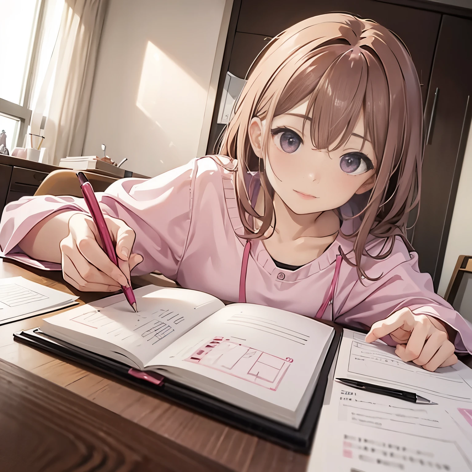 1girl、Pink theme、25age、Front facing、In a fancy room、(hold a pen)