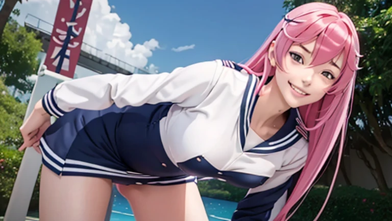 Best quality, insane quality, 18 years old girl, otome, otome dori, hot tall and slender body (Anatomically correct proportions ), sexy position, ((sexy sailor suit open with big medium  out)), long sleeve)), realistic butt crack, grinning seductive smile, very long pink hair, 4k