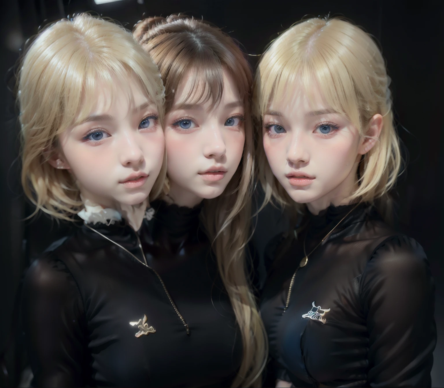 a family with the father of long white hair and golden eyes, the mother black skin, golden eyes and curly hair. Three daugthers, one with black skin and purple hair and eyes, another with pink hair, tan skin and red eyes, and the last with blonde hair and green eyes. At least, two sons, one with white long hair and orange eyes, the other with tan skin, black long hair and blue eyes