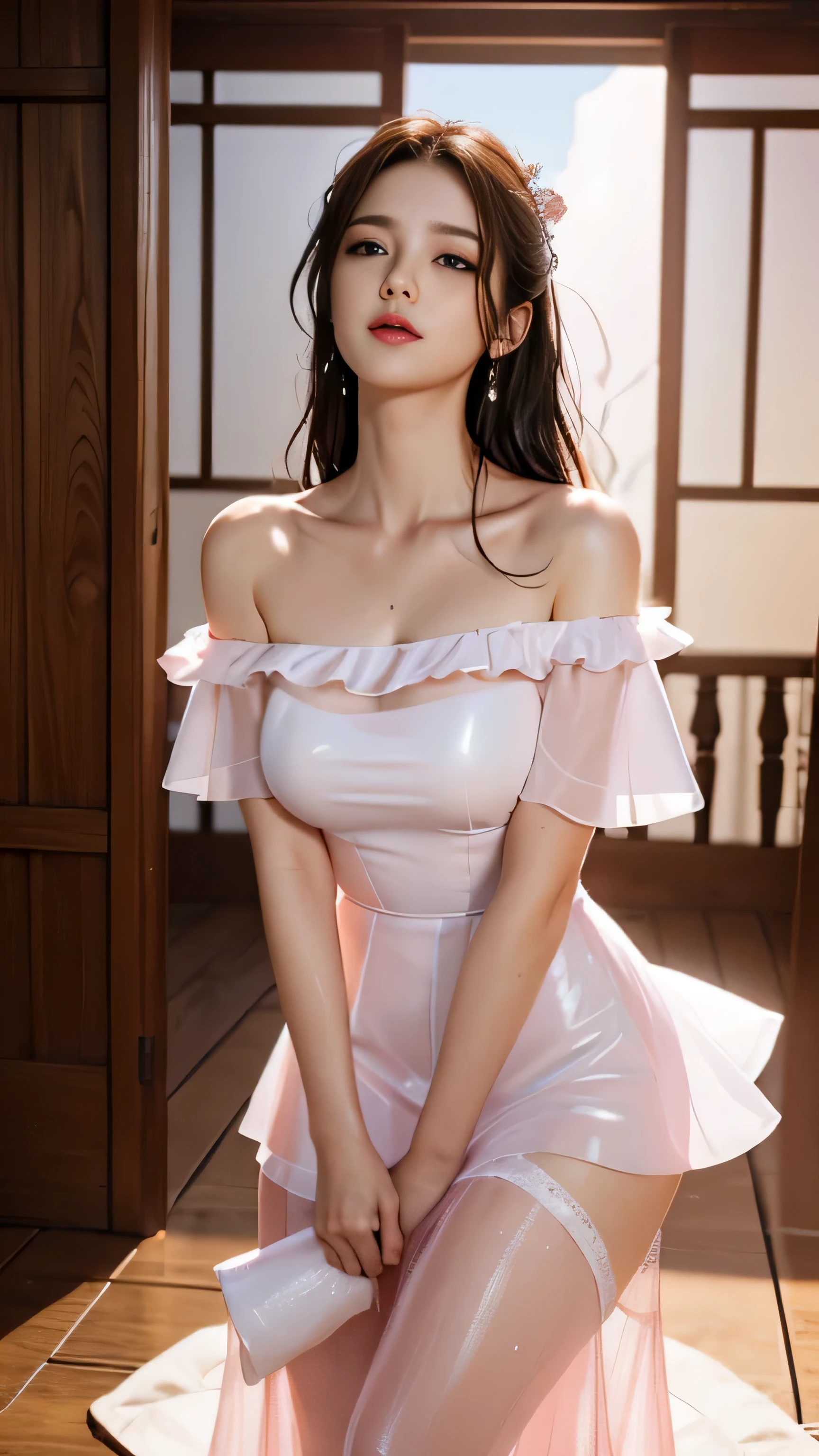 (highest quality、4k、masterpiece:1.3)、Beautiful woman、1 girl、Sexy:1.1、dark brown hair:1.1、highly detailed face、lip details、detailed eye、double eyelid、(The pink nipples are transparent）、(Translucent off-shoulder wet white dress)、(she is wet)