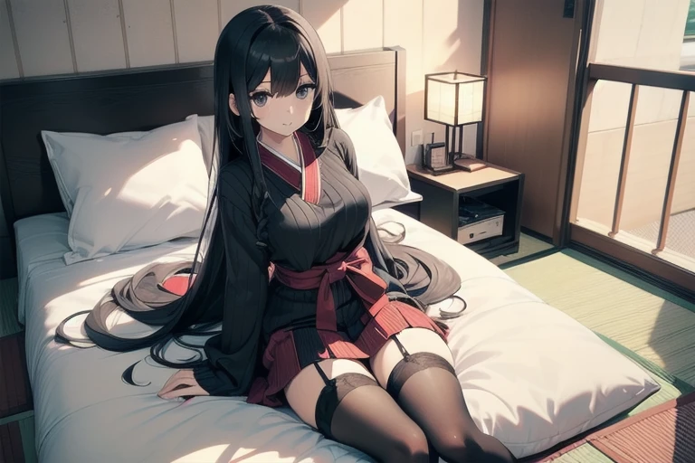 1girl, anime, black eyes, long black hair with square bangs, very long black hair, super long black hair, skirt and stockings, (((stockings))), heels, black Japanese style kimono mixed with ribbed black sweater with red accents and sakura floral design, ((ribbed black sweater)) adult, (Japanese shoji panel walls and tatami flooring indoors), kimono sleeves, garter, graceful, (sitting on bed), POV view, 1st person view, close, POV, pillow, (bed), (((futon)))