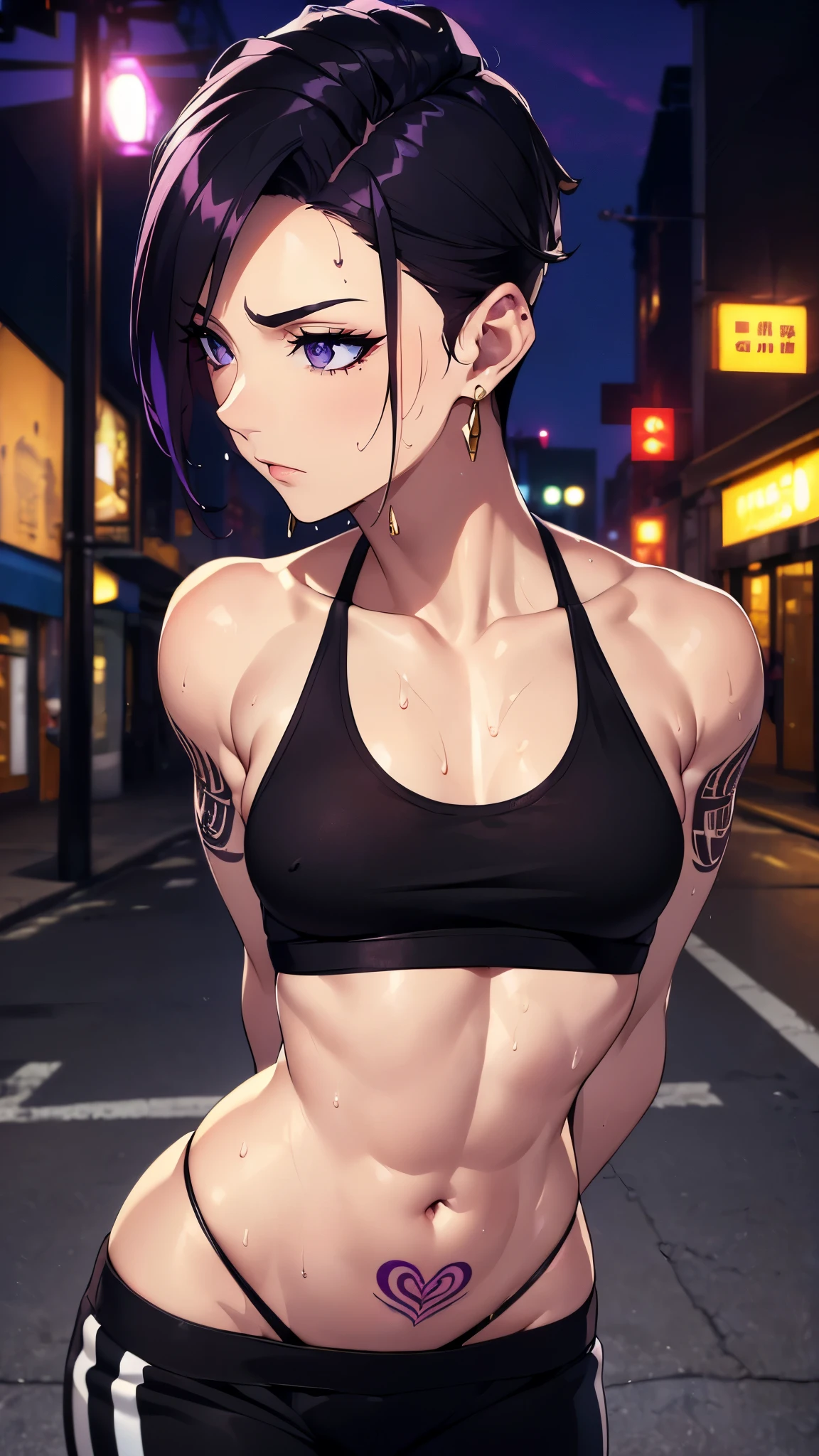 ((8K resolution))、((highest quality))、((masterpiece))、((Super detailed))((((dramatic))), (anatomically correct)、Depth of object being written、look at the camera、one person、one personの女性、front、Thin but muscular body, toned arms, long and thin legs, small breasts、Athletic Presence,(undercut hairstyle)、gold earrings、purple eyes、half closed eyes / Bad mood 、tattoo、(black tank top、Sweat pants)、(theme、whole body:1.1), ネオンpunkスタイル、punk、サイバーpunk、(background:neon street、City of night)