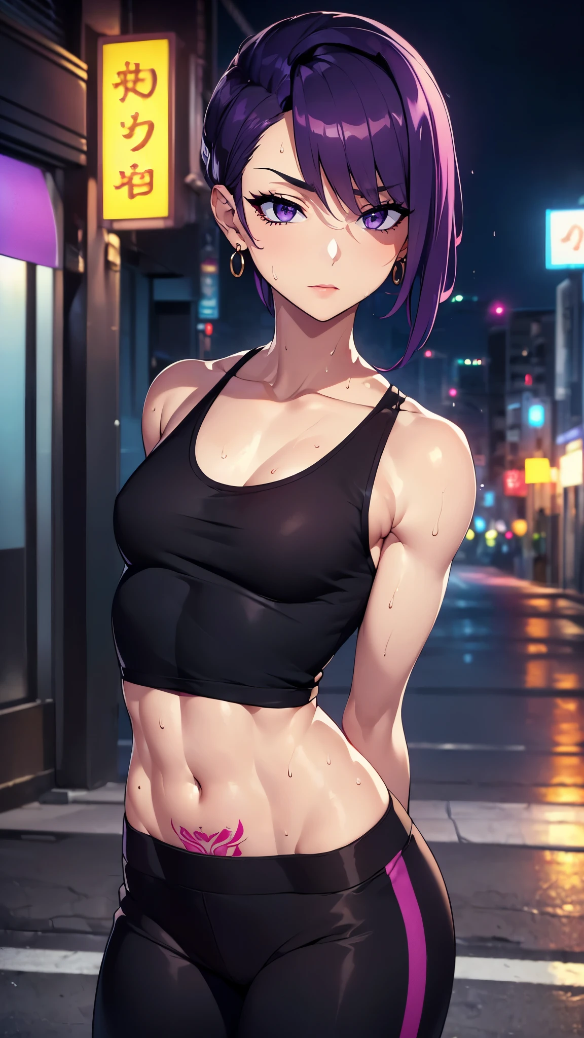 ((8K resolution))、((highest quality))、((masterpiece))、((Super detailed))((((dramatic))), (anatomically correct)、Depth of object being written、look at the camera、one person、one personの女性、front、Thin but muscular body, toned arms, long and thin legs, small breasts、Athletic Presence,(undercut hairstyle)、gold earrings、purple eyes、half closed eyes / Bad mood 、tattoo、(black tank top、Sweat pants)、(theme、whole body:1.1), ネオンpunkスタイル、punk、サイバーpunk、(background:neon street、City of night)