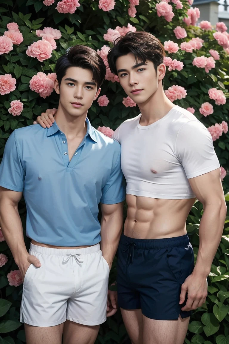 2 young handsome guys，twin，A light smile and fair skin，abdominal muscles, Muscular chest muscles,  Swelling of chest muscles，hairy body，Unbuttoned short-sleeved floral shirt，Sexy and charming expression，blue eyes，Perfect hand details，standing in the garden，buoy,(Ultra-thin tight gauze shorts)，(Big bag highlights)，garden，ink flowers
