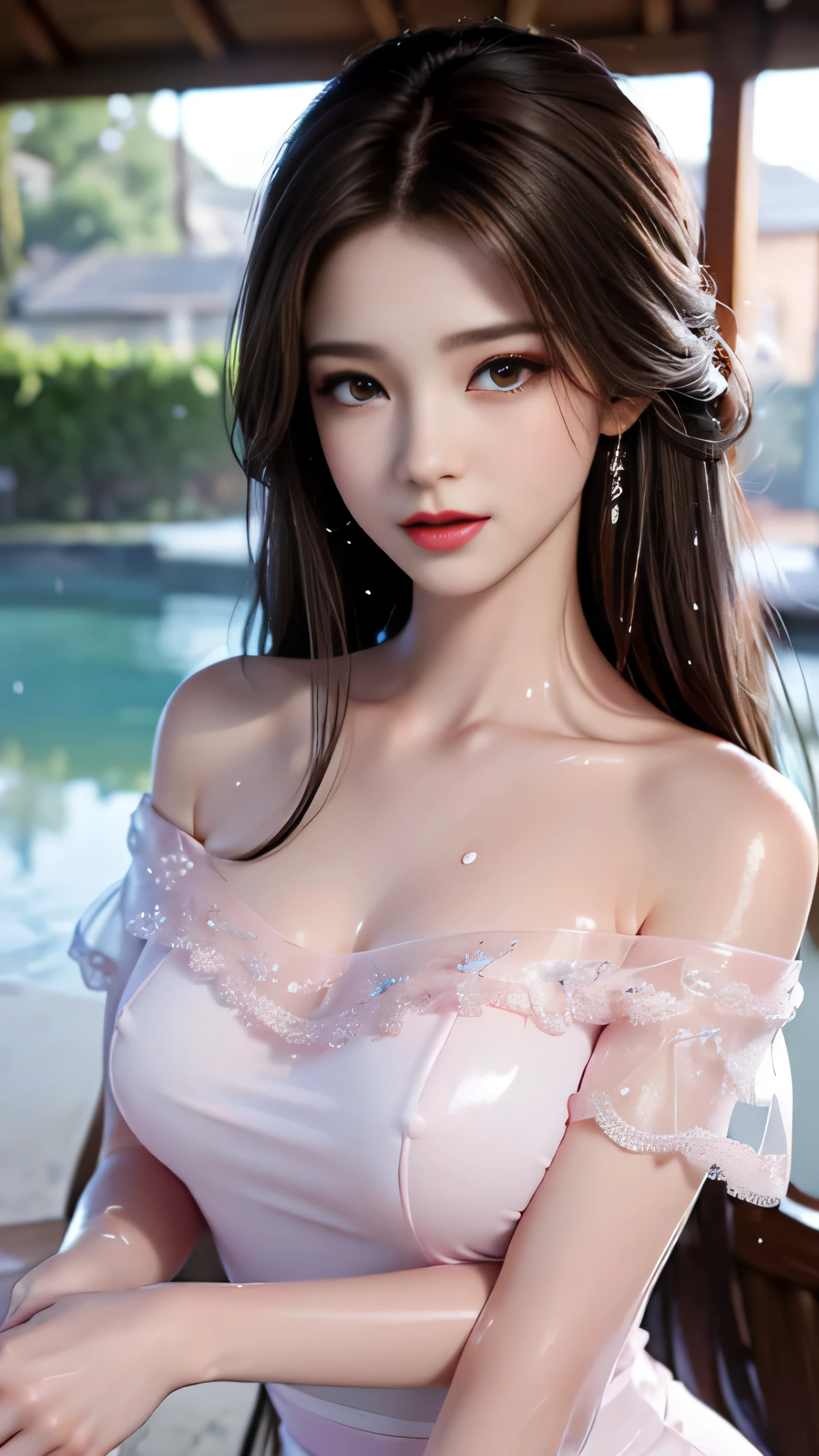 (highest quality、4k、masterpiece:1.3)、Beautiful woman、1 girl、Sexy:1.1、dark brown hair:1.1、highly detailed face、lip details、detailed eye、double eyelid、(The pink nipples are transparent）、(Translucent off-shoulder wet white dress)、(she is wet)