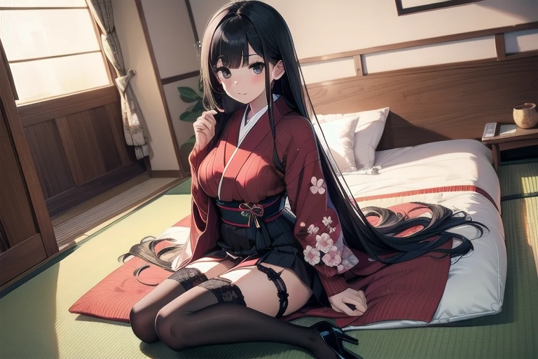 1girl, anime, black eyes, long black hair with square bangs, very long black hair, super long black hair, skirt and stockings, (((stockings))), heels, black Japanese style kimono mixed with ribbed black sweater with red accents and sakura floral design, ((ribbed black sweater)) adult, (Japanese shoji panel walls and tatami flooring indoors), kimono sleeves, garter, graceful, (sitting on bed), POV view, 1st person view, close, POV, pillow, (bed), (((futon)))
