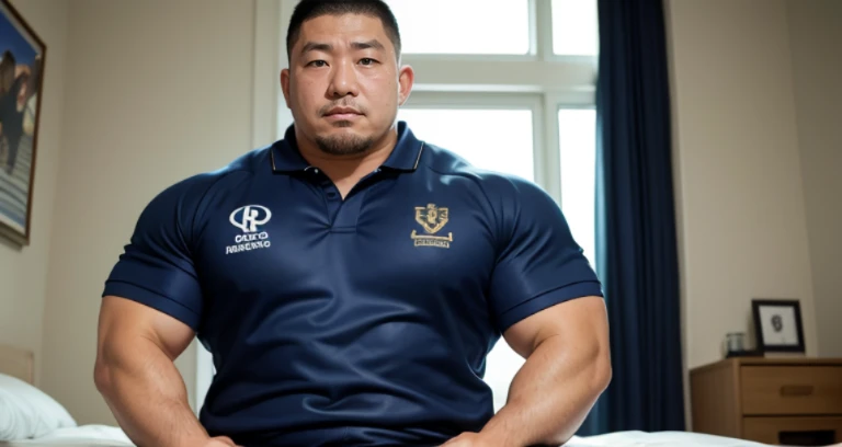 kissing, inside bed room, facing each other, (rugby uniform:1.2), Japanese man, Chinese man, Korean man, Taiwanese man, manly face, round face, monolid eyes, (buzz cut:1.0), very large and strong body, bulging muscles, very large pectoral muscles, muscular arms, muscular abs, muscular legs, muscular back, brightens oily skin, master piece, realistic, panorama, distant view