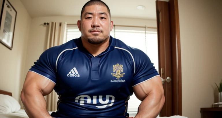 kissing, inside bed room, facing each other, (rugby uniform:1.2), Japanese man, Chinese man, Korean man, Taiwanese man, manly face, round face, monolid eyes, (buzz cut:1.0), very large and strong body, bulging muscles, very large pectoral muscles, muscular arms, muscular abs, muscular legs, muscular back, brightens oily skin, master piece, realistic, panorama, distant view