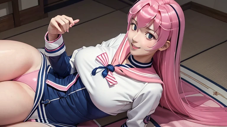 Best quality, insane quality, 18 years old girl, otome, otome dori, hot tall and slender body (Anatomically correct proportions ), sexy position, ((sexy sailor suit open with big medium  out), long sleeve)), realistic butt crack, grinning seductive smile, very long pink hair, 4k