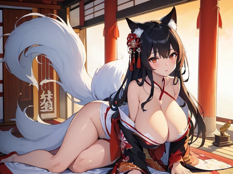 (((masterpiece))),(((best qualtiy))),((Ultra detail)),(illustration),huge tit,Exposed kimono,Kitsune wife in Shinto shrine, Facing the audience ,Take off half of your kimono,Long straight black hair,Largest breasts,Clean smooth and delicate white silk long legs,Gorgeous red Japanese kimono , Fox ears and nine fox tails , Thicc thighs