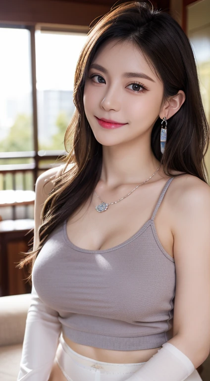 masterpiece, Best Quality, Photorealistic, fine details, high resolution, 8K Wallpaper, Perfect dynamic composition, sharp focus, Very realistic, Beautiful eye details, Medium Hair, (huge breasts: 1.2), Random and sexy poses, Tighten the chest, (Neck knitted tank top Hollow white tights, High-cut panties), (Bust shape: 1.2), Smile, open mouth, Resort view, 25 years old, (drooping eyes: 1.4), Mature beauty, Japanese, Simple Chain Necklace, big earrings-earring