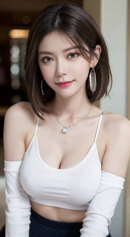masterpiece, Best Quality, Photorealistic, fine details, high resolution, 8K Wallpaper, Perfect dynamic composition, sharp focus, Very realistic, Beautiful eye details, Medium Hair, (huge breasts: 1.2), Random and sexy poses, Tighten the chest, (Neck knitted tank top Hollow white tights, High-cut panties), (Bust shape: 1.2), Smile, open mouth, Resort view, 25 years old, (drooping eyes: 1.4), Mature beauty, Japanese, Simple Chain Necklace, big earrings-earring