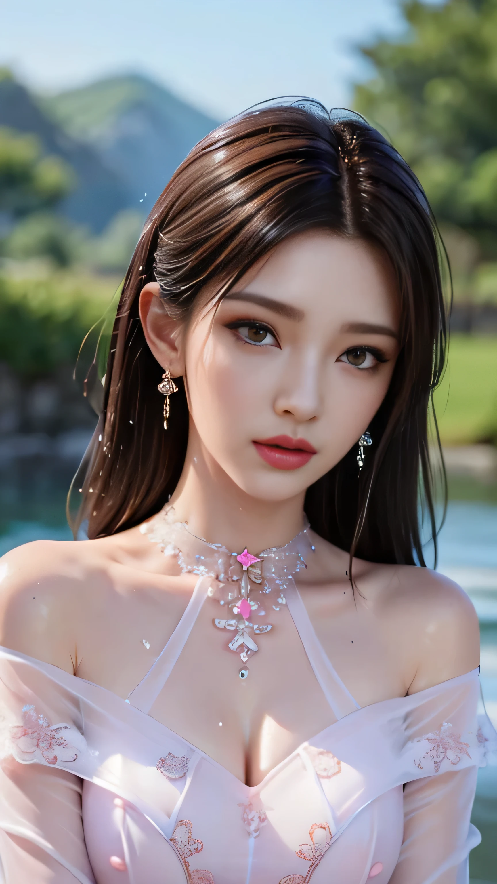 (highest quality、4k、masterpiece:1.3)、Beautiful woman、1 girl、Sexy:1.1、dark brown hair:1.1、highly detailed face、lip details、detailed eye、double eyelid、(The pink nipples are transparent)、(Translucent off-shoulder wet white dress)、(she is wet)