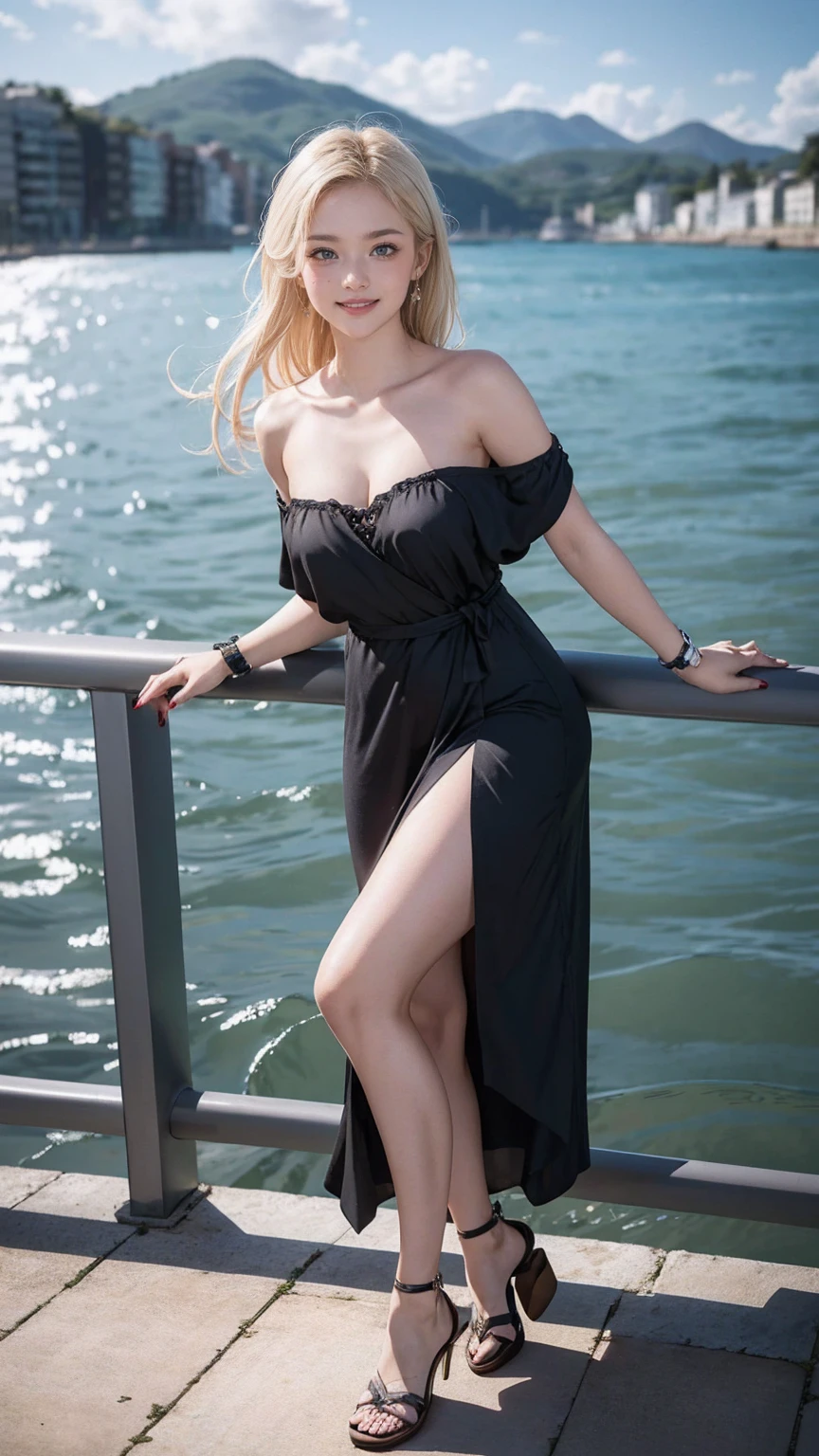 high quality, best quality, photo-actual, original photo, actual, ultra actual 8k cg, super detailed, HD, masterpiece, 1 girl, long hair, blonde hair, blue eyes, Details of the face and eyes, close up, intricate details, Detailed texture, Detailed and detailed, 穿上Sexy比基尼, lace, full-body shot, Smile, Sitting on a rock by the sea, Sexy, long legs, foot, real person, crotch, High-heeled sandals