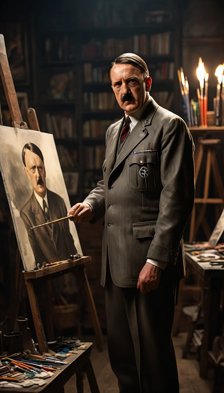 Show Adolf Hitler standing in front of an easel, surrounded by art supplies, Display rejection letters from the, background dark, hyper realistic, ultra detailed hyper realistic, photorealistic, Studio Lighting, reflections, dynamic pose, Cinematic, Color Grading, Photography, Shot on 50mm lens, Ultra-Wide Angle, Depth of Field, hyper-detailed, beautifully color, 8k