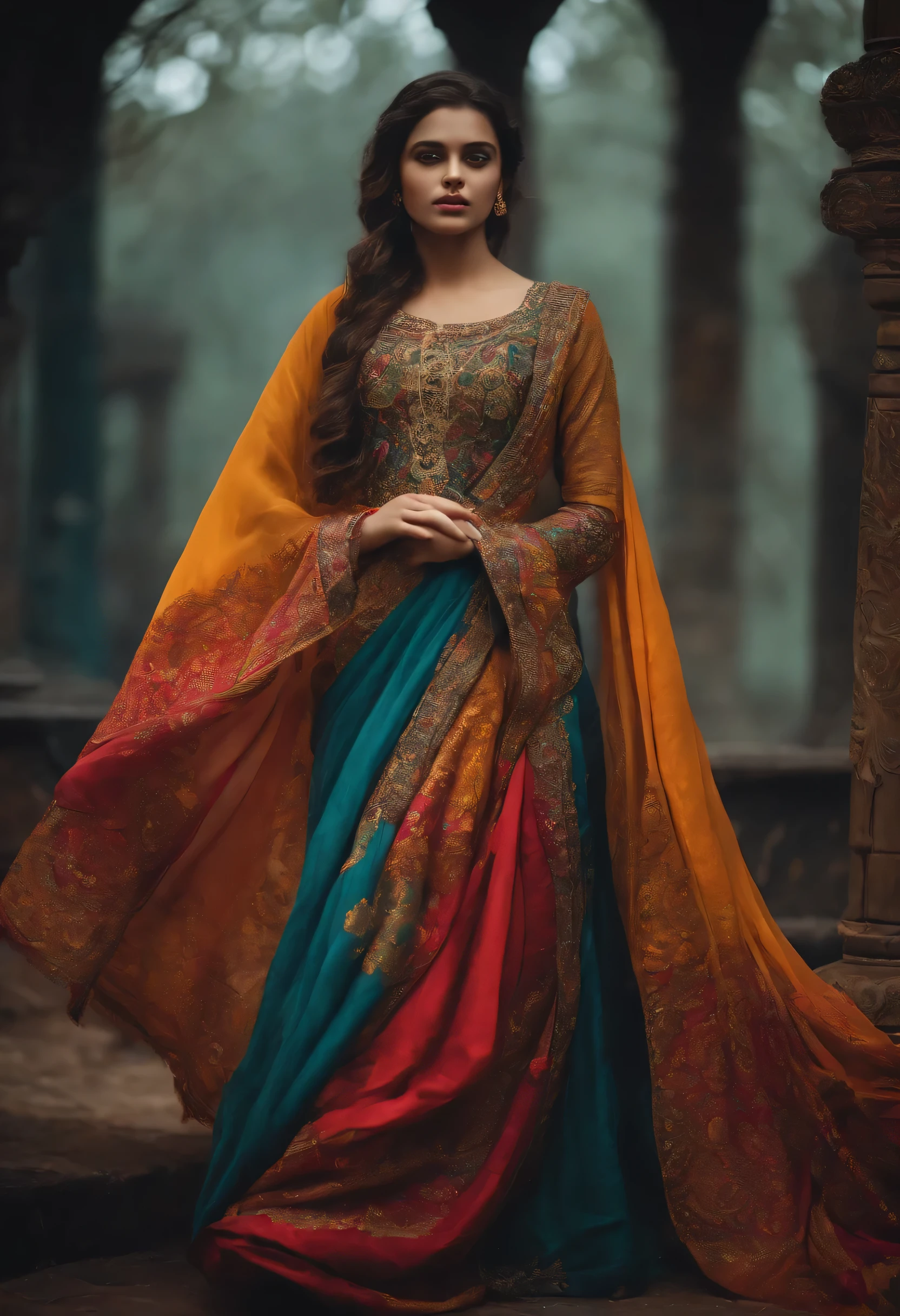 A Beautiful young girl with a beautiful cloth that covers all a body and gloomy in colours