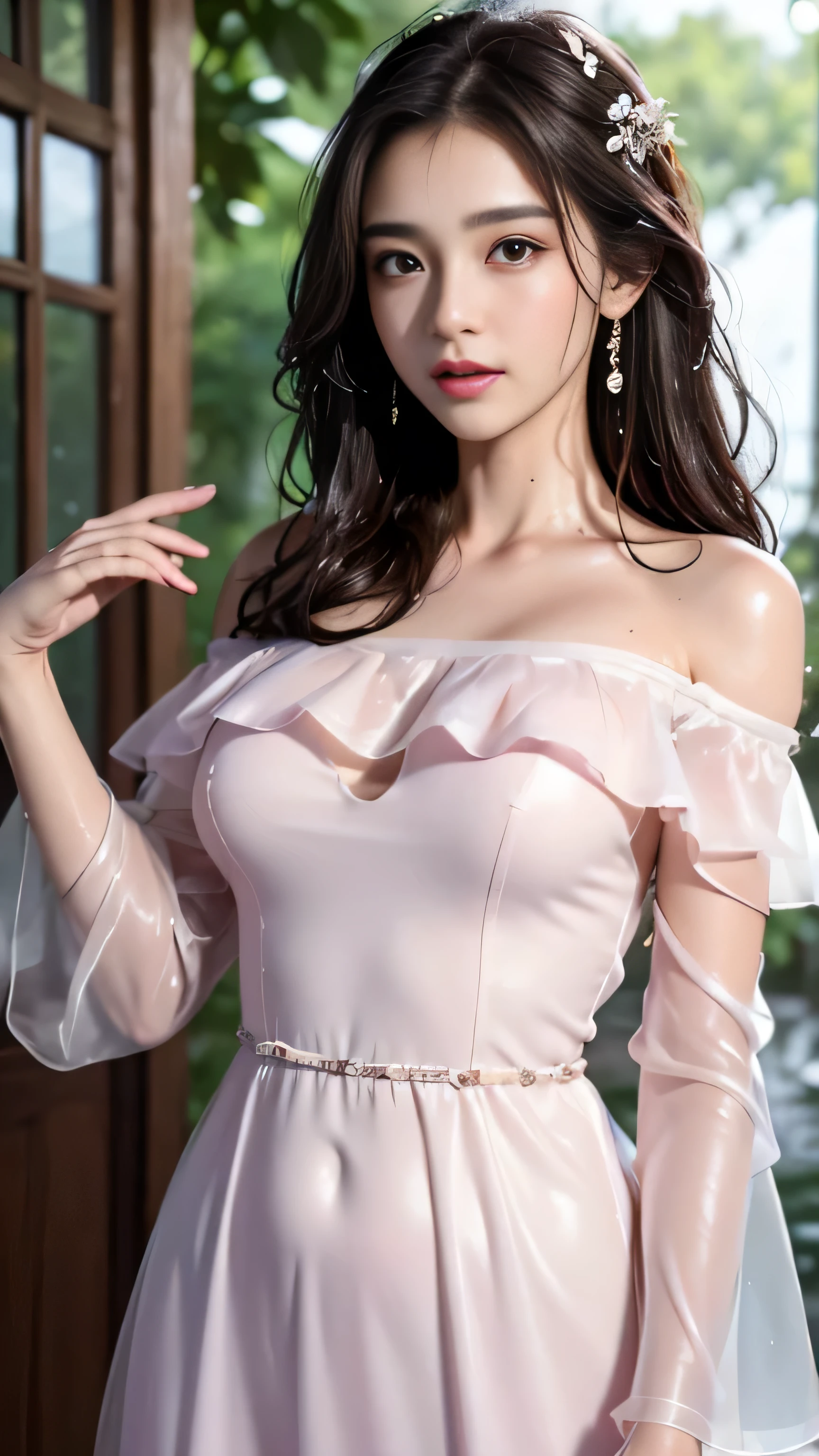 (highest quality、4k、masterpiece:1.3)、Beautiful woman、1 girl、Sexy:1.1、dark brown hair:1.1、highly detailed face、lip details、detailed eye、double eyelid、(The pink nipples are transparent)、(Translucent off-shoulder wet white dress)、(she is wet)