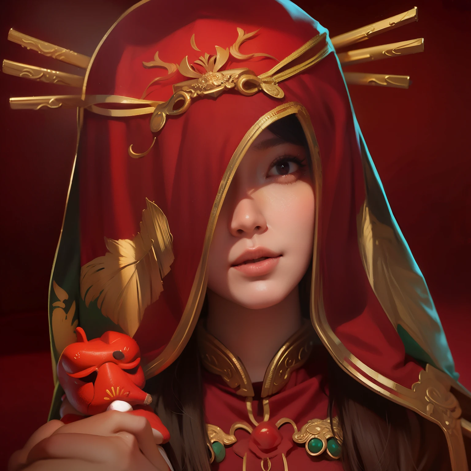 arafed woman in a red dress with a mask and a red mask, inspired by Ju Lian, inspired by Li Mei-shu, inspired by Lan Ying, portrait of a red sorcerer, digital fantasy art ), inspired by Wu Li, digital art fantasy art, inspired by Lü Ji, red adornments, inspired by Ai Xuan