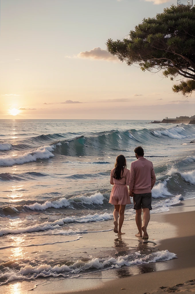 The image should show a wide expanse of beach with gentle waves gently breaking on the shore. El cielo despejado y brillante se refleja en el agua, mientras que el sol comienza a asomar en el horizonte, Painting the sky with warm shades of orange and pink. En la playa, se puede ver a una pareja caminando lentamente, sus siluetas se destacan contra el resplandor matutino. The general atmosphere should convey a sense of calm and expectation, capturando el momento en que sus vidas se cruzan por primera vez.