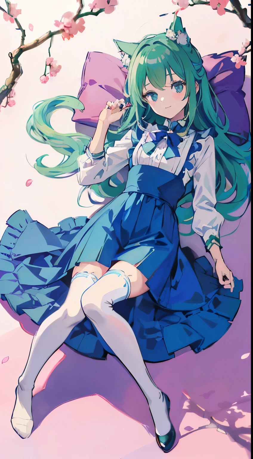 ((table top, highest quality: 1.1), ((Anime girl in a blue dress with a magic wand)), art nouveau、Anime cat girl in maid outfit, , ((Green hairs))、long haired person、((Eyes that shine like jewels, long eyelashes, and transparency))、Very Beautiful Anime Neko Musume, anime cat girl, ((white knee highs)), charming cat girl, Cherry blossom viewing under the cherry trees,lying down、私nspired by Leiko 私kemura, Aya Takano color style, in ryuuou no oshigoto art style, ((Cat ear)), smile