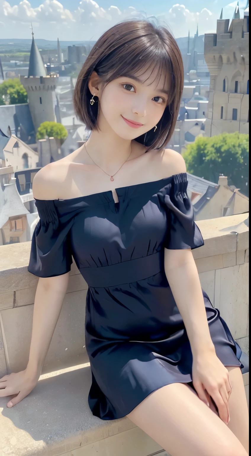 (surreal)、(enlightenment)、(High resolution)、(8K)、(very detailed)、(best illustrations)、(beautiful detailed eyes)、(highest quality)、(super detailed)、(masterpiece)、(wallpaper）、（detailed face）、solo、1 girl、looking at the viewer、Detailed、detailed face、in the dark night、deep shadow、Pure erotic face ace_V1、smile、short hair、46 point diagonal bangs,　（silk dress、short skirt）、(Shiny orange off-the-shoulder dress）、View of the castle、barefoot,necklace,earrings,sitting,cute face,middle School girls
