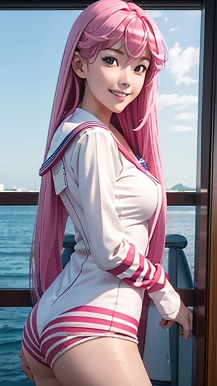 Best quality, insane quality, hot 18 years old girl, otome, otome dori, hot tall and slender body (Anatomically correct proportions ), sexy position, ((sexy sailor suit open with big medium  out), long sleeve)), realistic butt crack, grinning seductive smile, very long pink hair, 4k