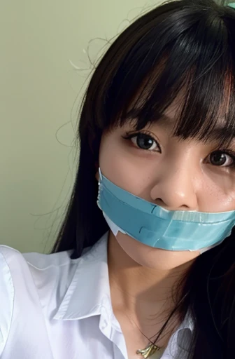 masterpiece, best quality, highres, female, 1girl, wearing indonesian high , selfie, close up, black long hair with front bang, white shirt, light blue tie, 17 yo, green wall, gagged, ball gag, tape gag