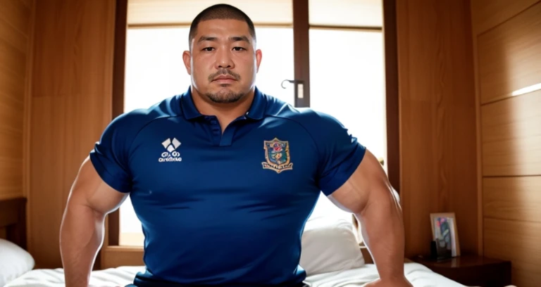 kissing, inside bed room, facing each other, (rugby uniform:1.2), Japanese man, Chinese man, Korean man, Taiwanese man, manly face, round face, monolid eyes, (buzz cut:1.0), very large and strong body, bulging muscles, very large pectoral muscles, muscular arms, muscular abs, muscular legs, muscular back, brightens oily skin, master piece, realistic, panorama, distant view