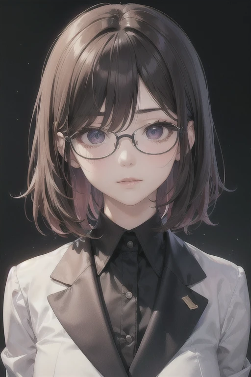 Asian Girl Portrait,alone,20 years,beautiful face,Upper body,hair above one eye,medium side cut, brown hair, Drooping eyes,black business suit,glasses