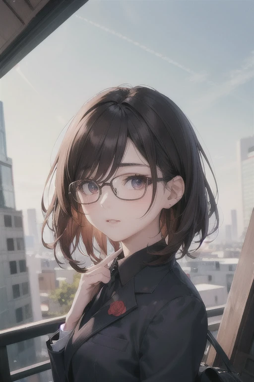 Asian Girl Portrait,alone,20 years,beautiful face,Upper body,hair above one eye,medium side cut, brown hair, Drooping eyes,black business suit,glasses