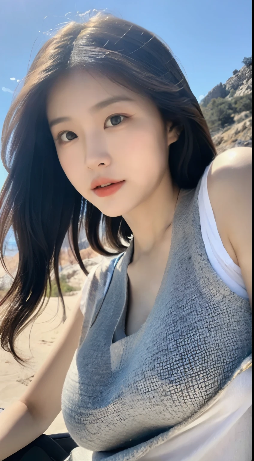 Big breasts,Buttocks,long legs,Vest line,exquisite eyes,White skin,long hair,black hair,Highly detailed facial and skin textures,Hot body,whole body,California Highway 1,coastline,Sunny,blue sky,Baiyun,supercar,8k,masterpiece,best quality