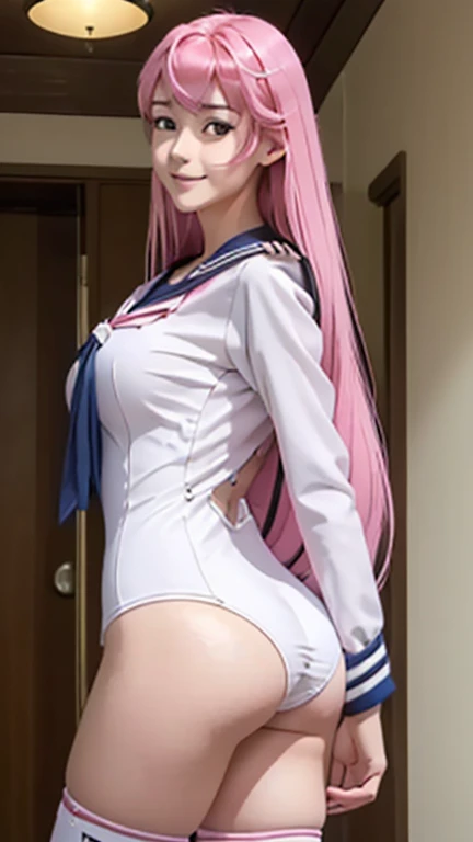 Best quality, insane quality, hot 18 years old girl, otome, otome dori, hot tall and slender body (Anatomically correct proportions ), sexy position, ((sexy sailor suit open with big medium out), long sleeve)), realistic pretty butt crack, grinning seductive smile, very long pink hair, 4k