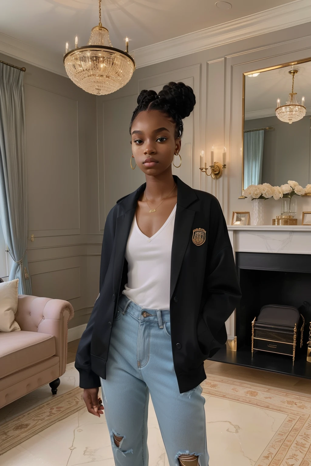 London, 2023. A young ((((19-year-old)) Maia Allen)), black girl, skinny, standing in the living room of a luxurious mansion, bracing herself, ((intimidated expression)), ((((casual clothings from the 2020s)))), ((hairstyle of the 2020s))